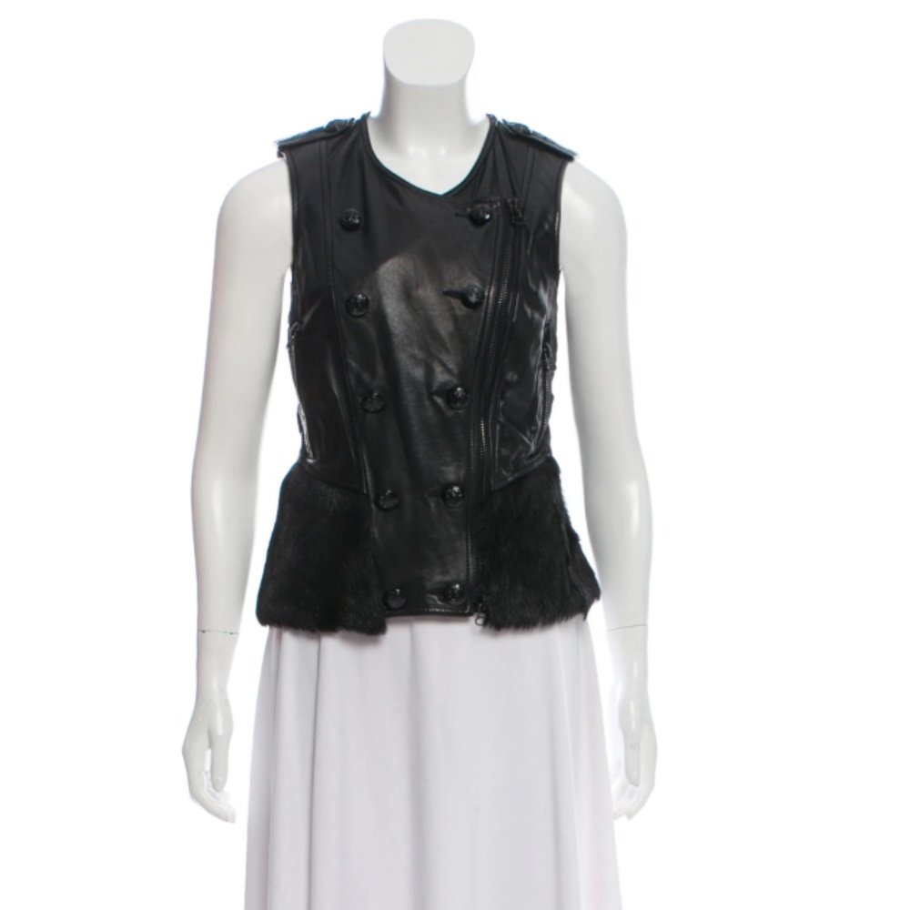 3.1 PHILLIP LIM Leather Fur-Trimmed Collarless Ves